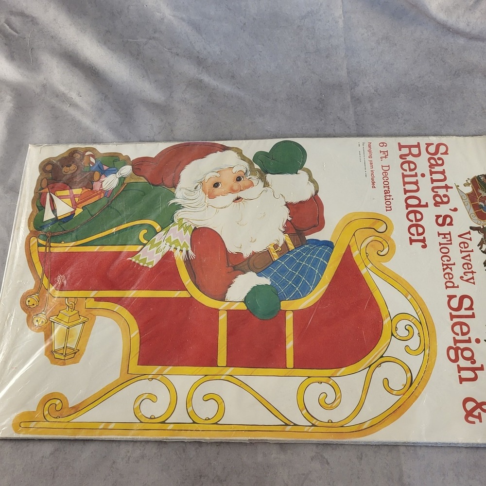 VTG 1982 PECK Santas Sleigh & Reindeer 6' Velvety Flocked Die Cut NOS Uncut Rare